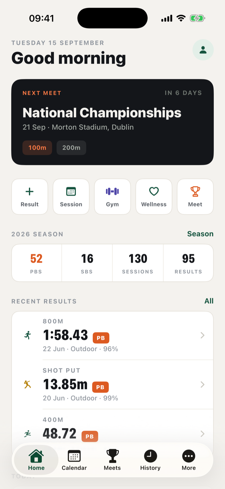 TrackThletics Home: next meet countdown, season stats and recent personal bests